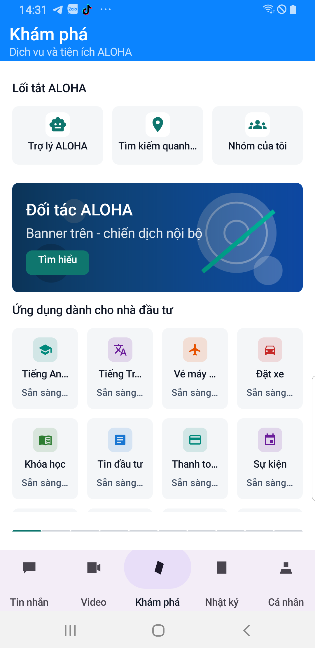 Màn hình Khám phá trong ứng dụng ALOHA